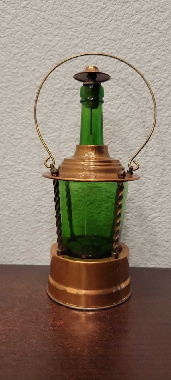 Vintage Musical Green Glass Liquor Decanter Copper Tone Bottle Works